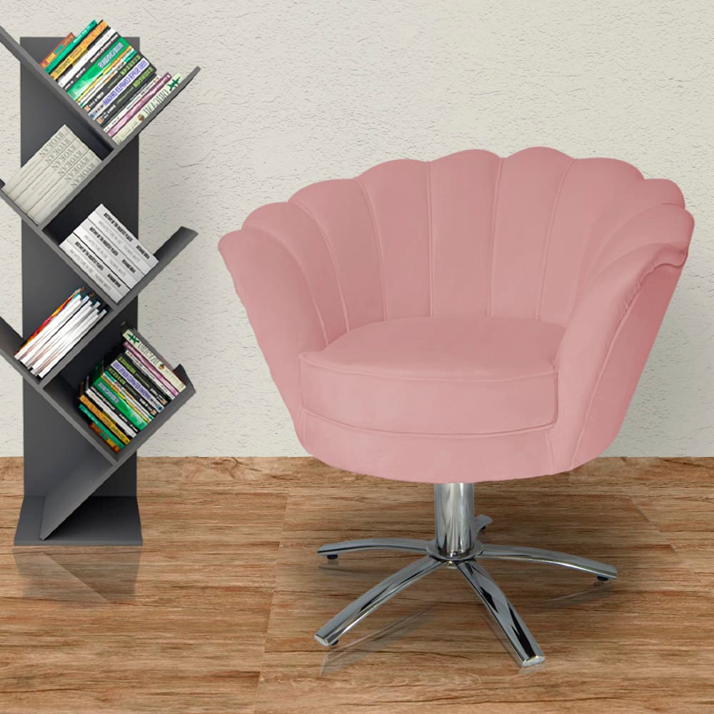 Poltrona Estofada Decorativa 1 Lugar Base Giratória de Metal Pétala Veludo Rosa Nude - LM DECOR