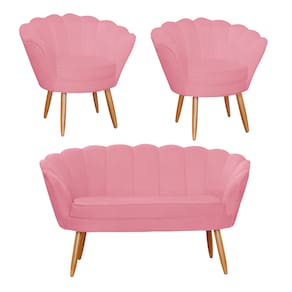 Jogo Pétala Namoradeira e 2 Poltronas Estofada Para Recepção Suede Rosa Barbie - LM DECOR