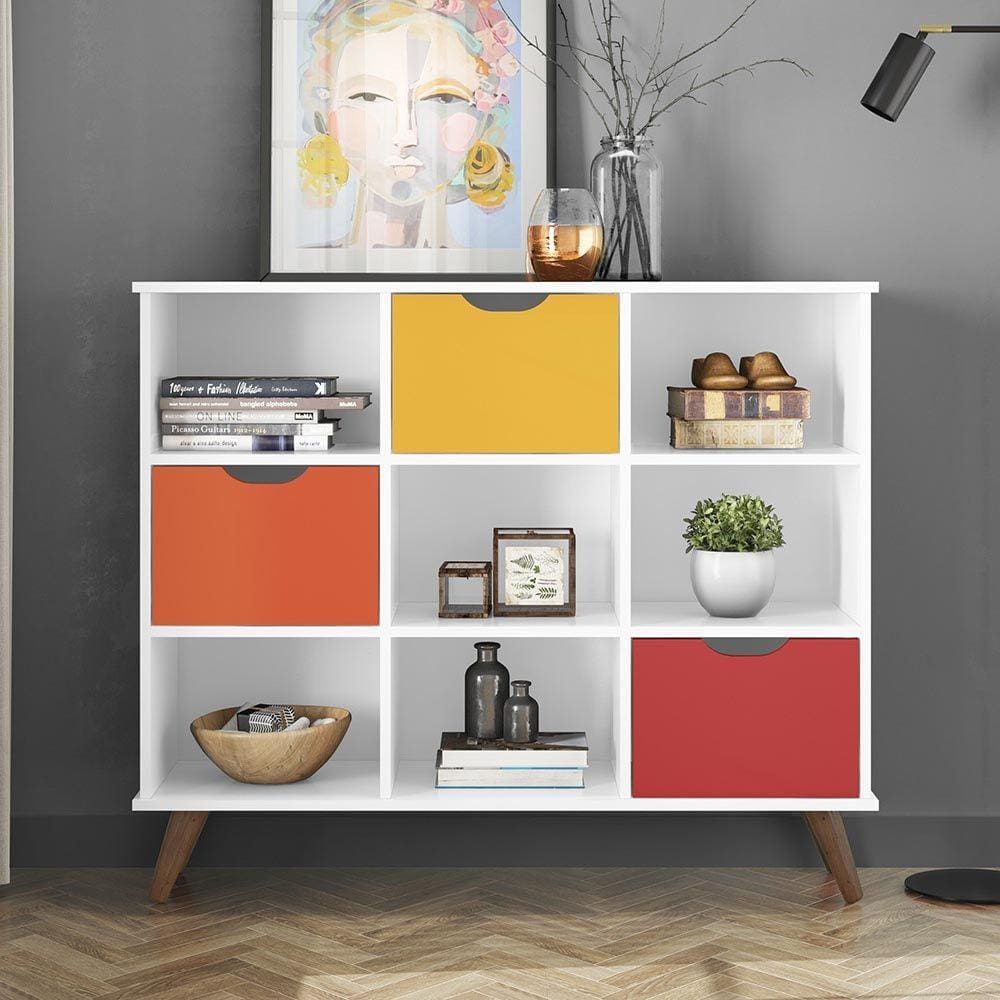 Nicho Organizador Retro Branco Com 3 Gavetas Coloridas Qmovi Móveis