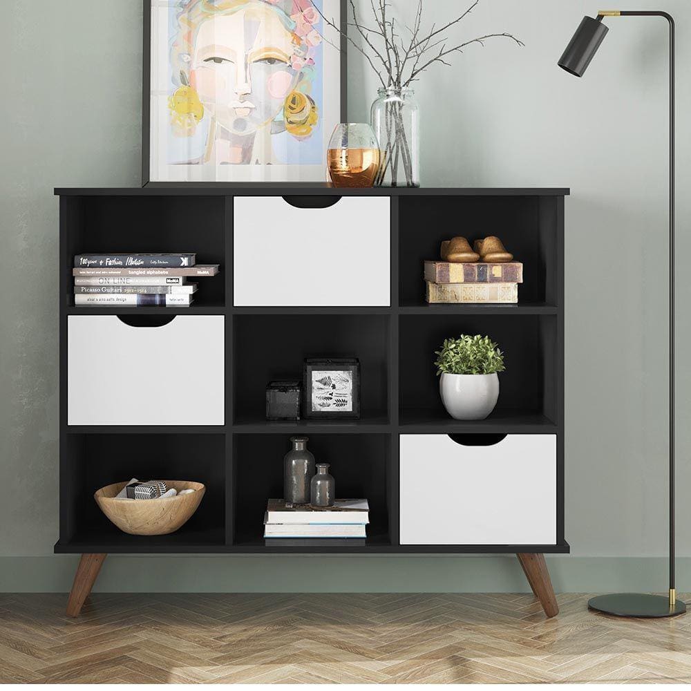 Nicho Organizador Retro Preto Com 3 Gavetas Brancas Qmovi Móveis