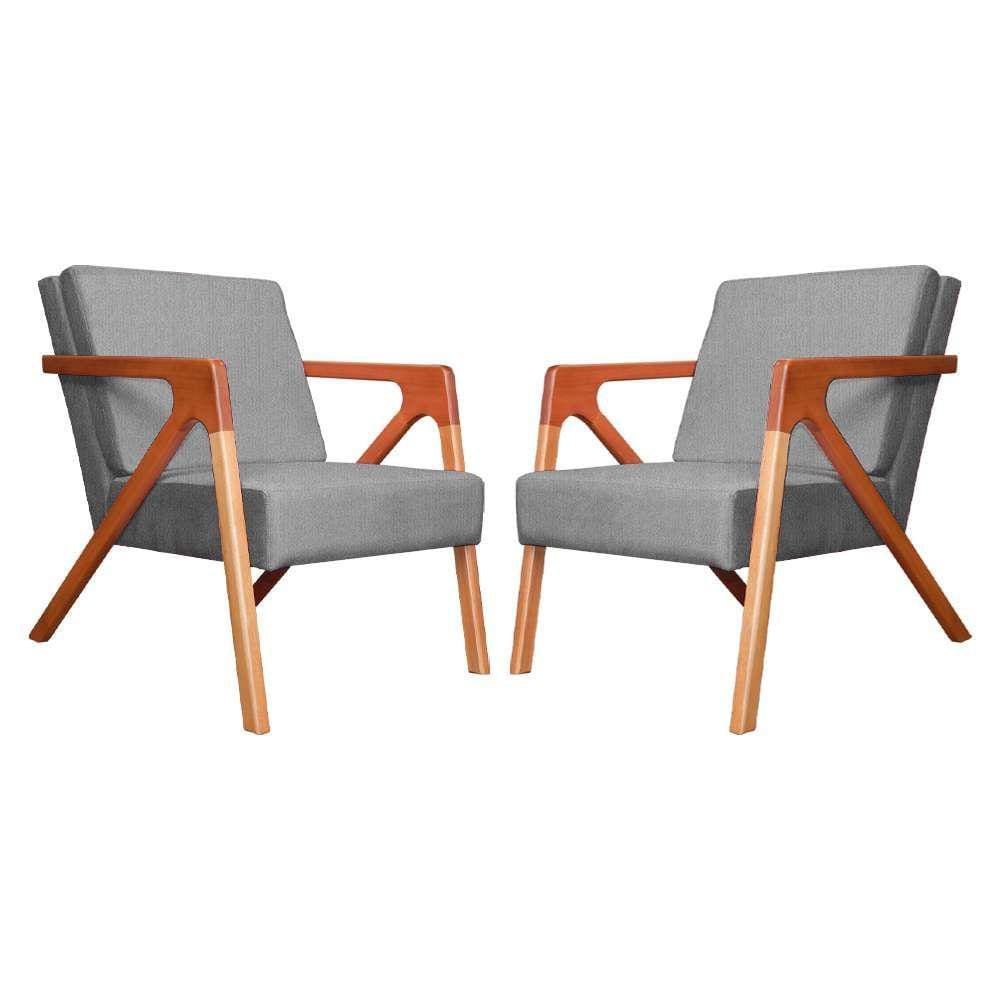 Conjunto 2 Poltronas Monalisa Com Braços de Madeira Suede Cinza - LM DECOR