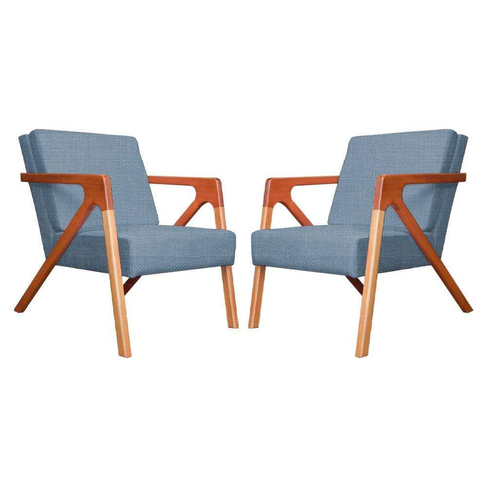Conjunto 2 Poltronas Monalisa Com Braços de Madeira Linho Azul - LM DECOR