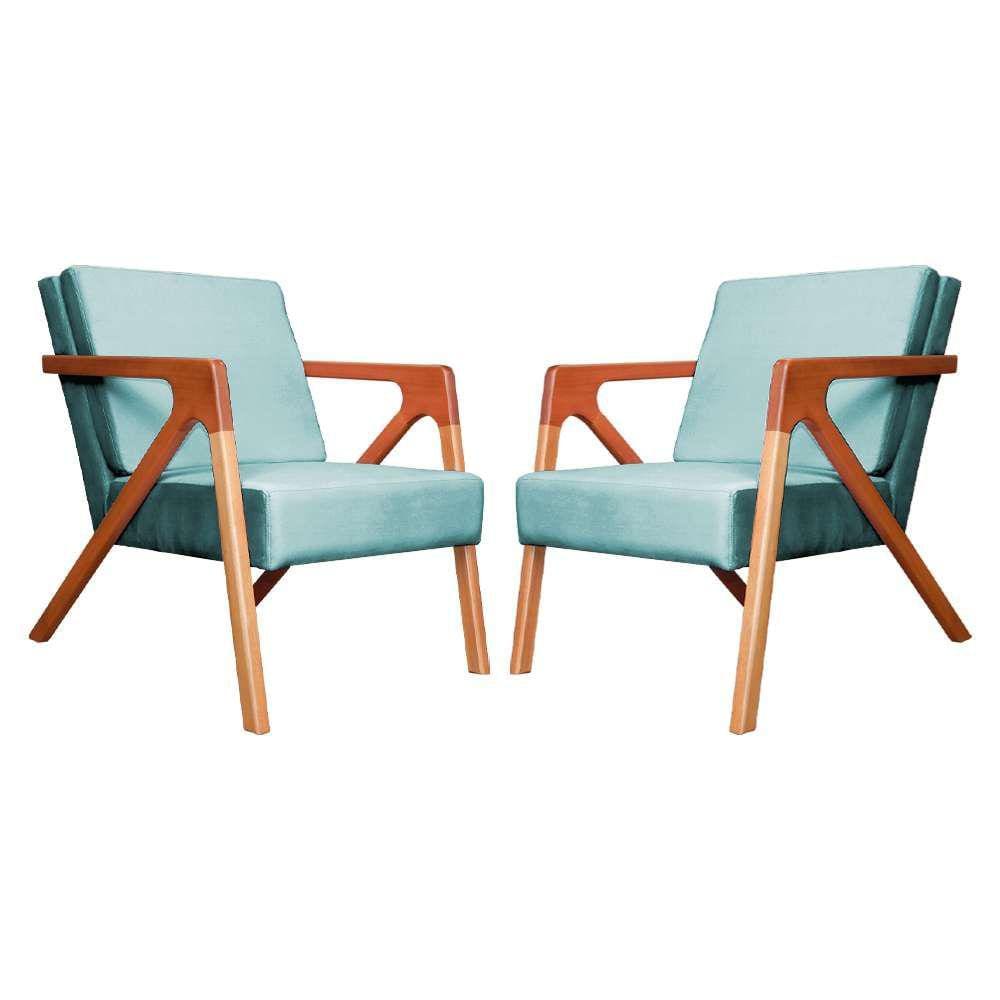 Conjunto 2 Poltronas Monalisa Com Braços de Madeira Veludo Azul Turquesa - LM DECOR