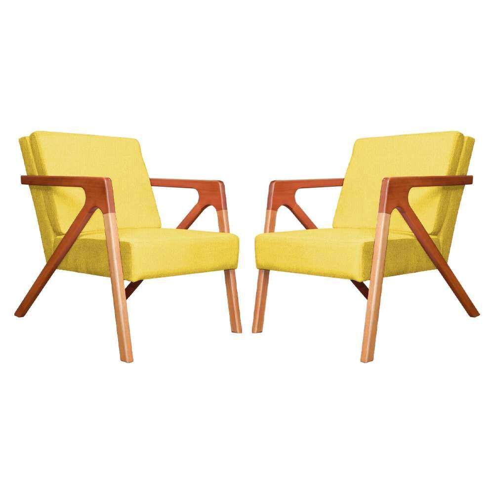 Conjunto 2 Poltronas Monalisa Com Braços de Madeira Corano Amarelo - LM DECOR