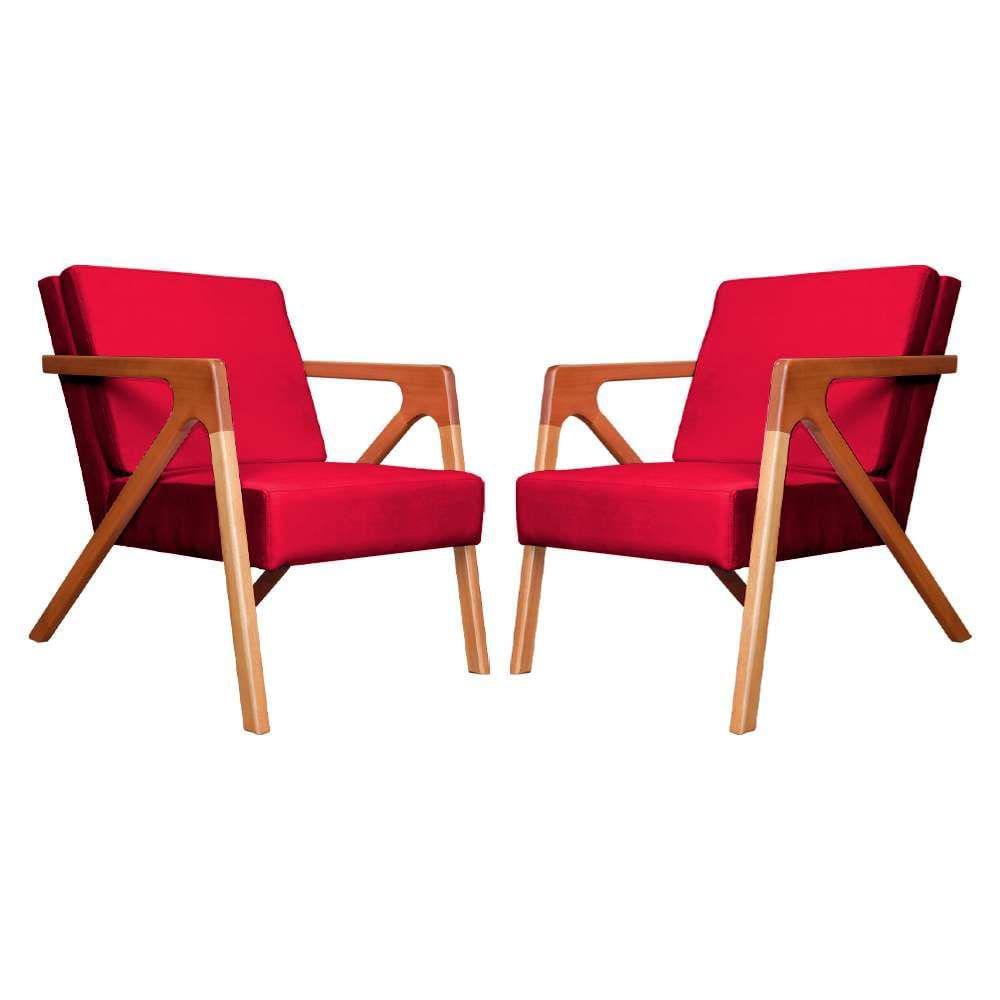 Conjunto 2 Poltronas Monalisa Com Braços de Madeira Veludo Vermelho - LM DECOR