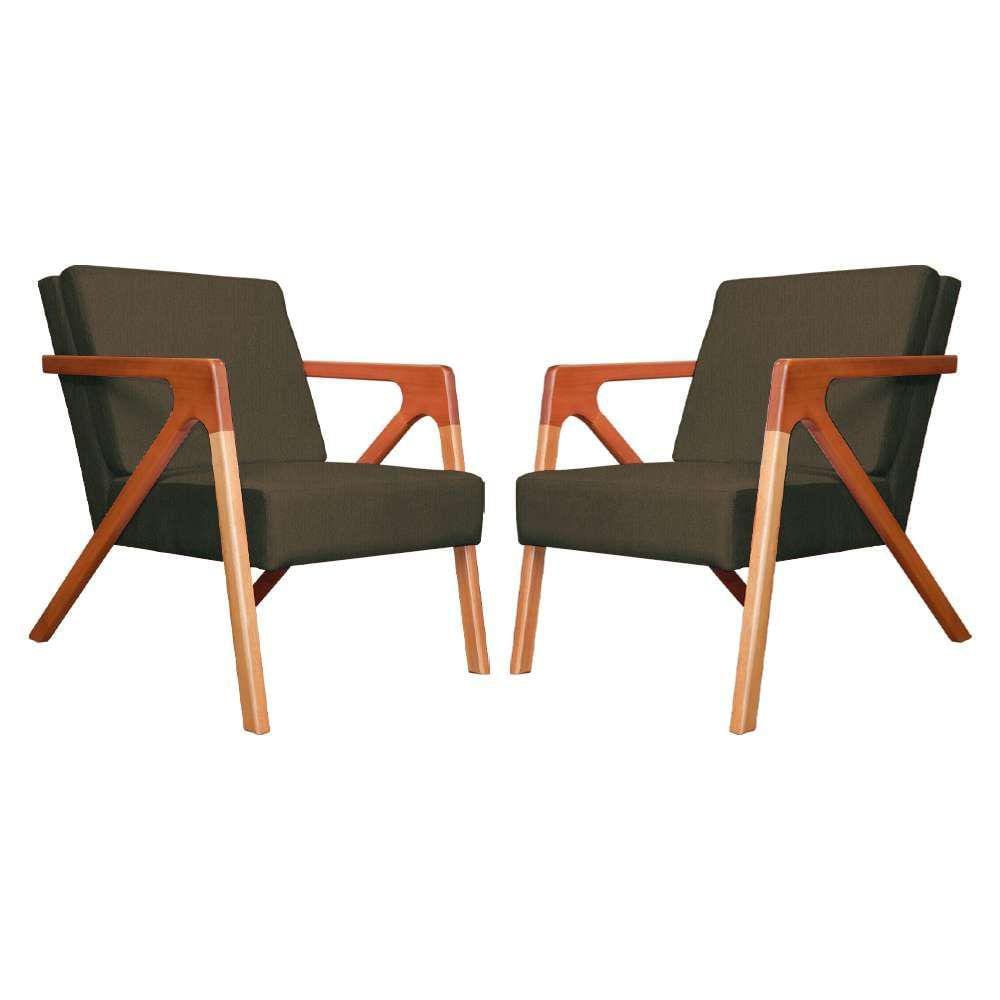 Conjunto 2 Poltronas Monalisa Com Braços de Madeira Suede Marrom - LM DECOR