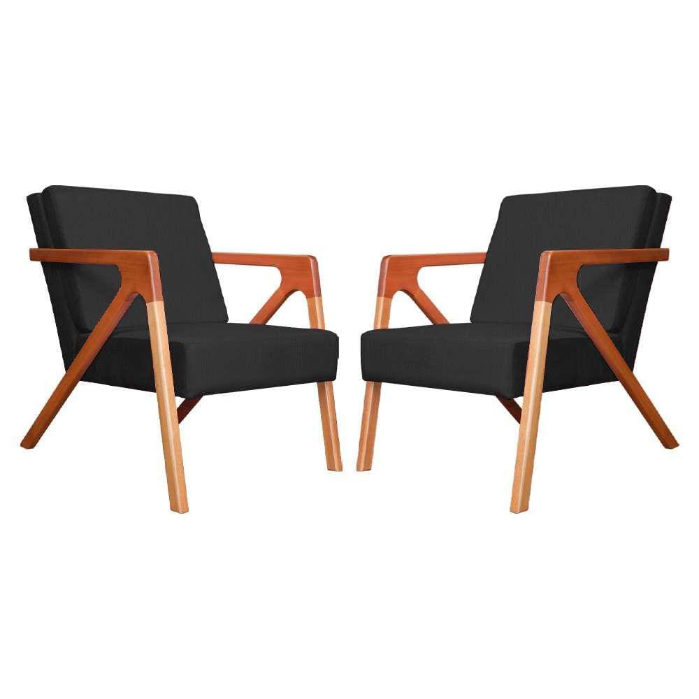 Conjunto 2 Poltronas Monalisa Com Braços de Madeira Suede Preto - LM DECOR