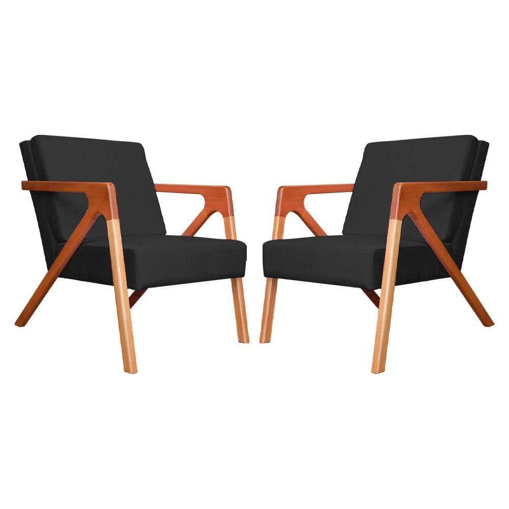 Conjunto 2 Poltronas Monalisa Com Braços de Madeira Corano Preto - LM DECOR