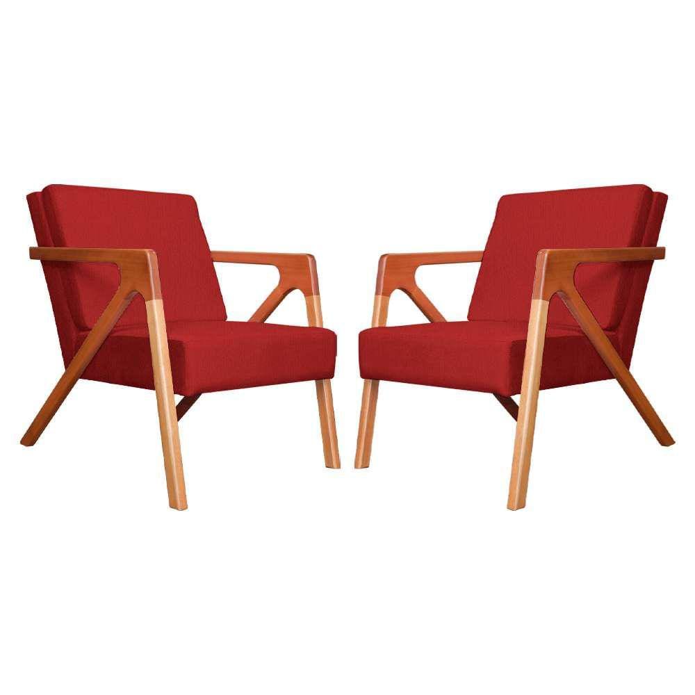Conjunto 2 Poltronas Monalisa Com Braços de Madeira Suede Vermelho - LM DECOR