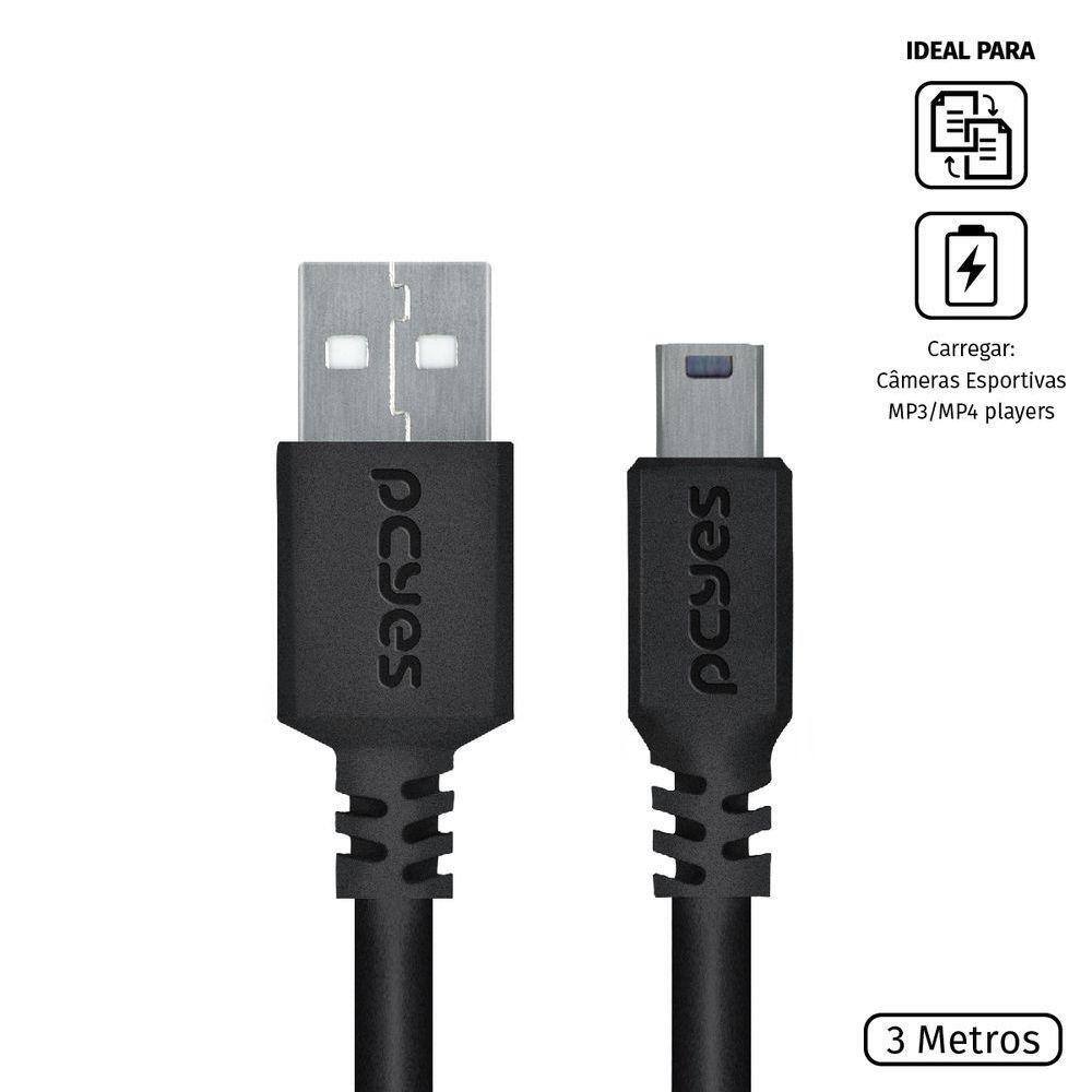 Cabo Usb A 2.0 Macho Para Mini Usb B Macho 28Awg Puro Cobre 3 Metros - Puanm2-3