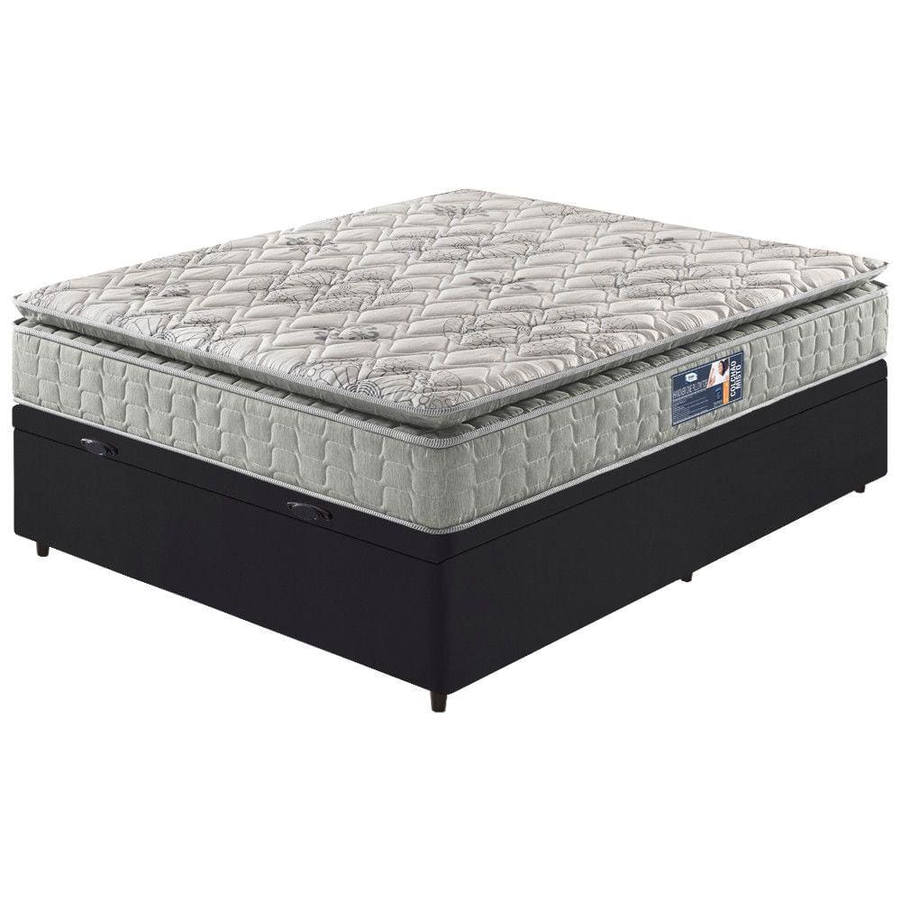 Cama Box Baú Viúva Preto + Colchão Ortopedico Espuma D33 Pillow Top Hanover One 128x188x64cm