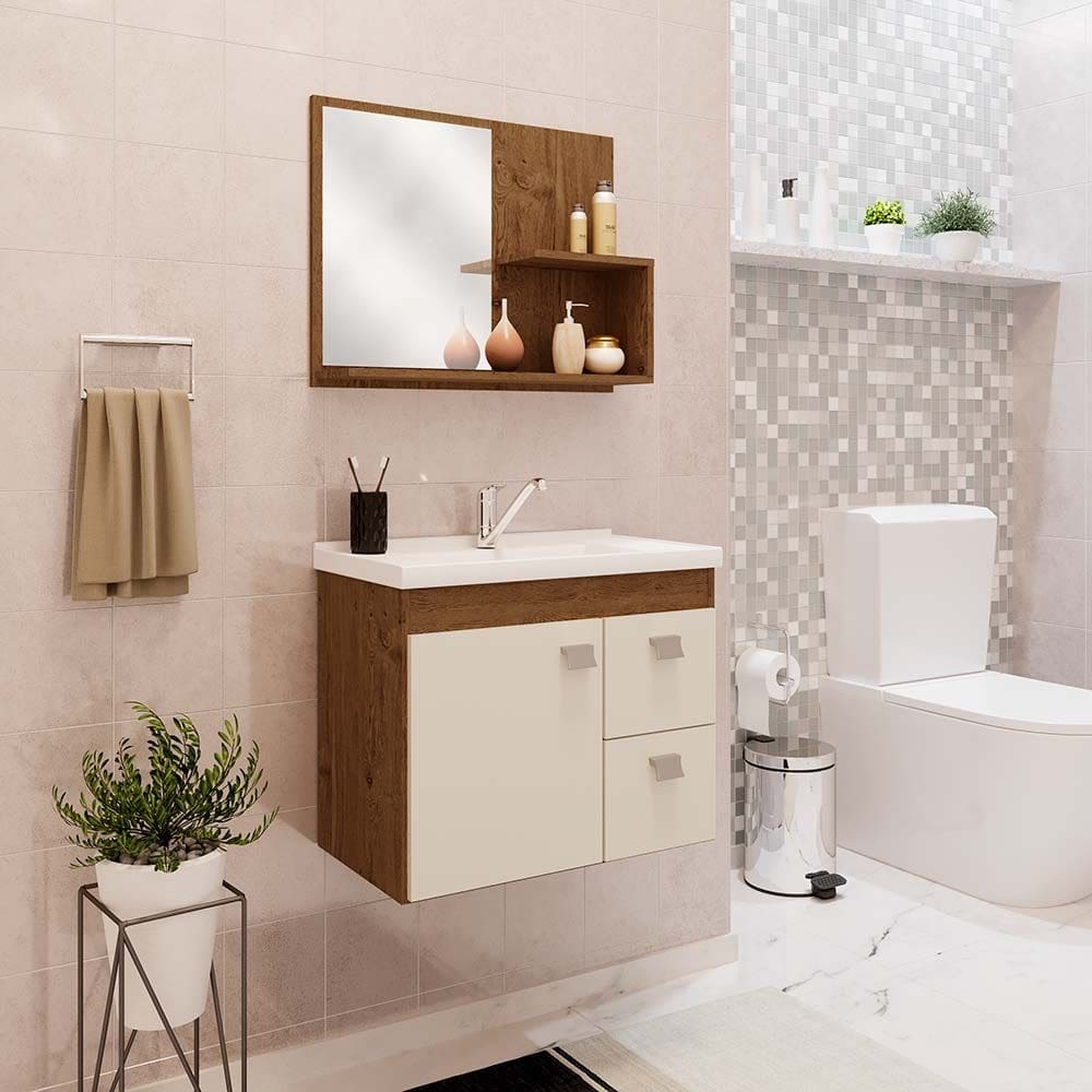 Conjunto Gabinete Banheiro Pia e Espelheira 55 cm Isa MGM Amendoa/Off White