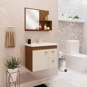 Conjunto Gabinete Banheiro Pia  e Espelheira 55 cm Isa MGM Amendoa/Off White