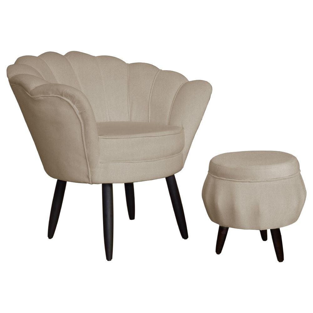 Jogo Poltrona Estofada Com 1 Puff Pés Palito Clínica Pétala Suede Cappuccino - LM DECOR