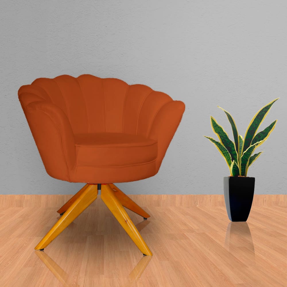 Poltrona Para Escritório Com Base Giratória de Madeira Pétala Veludo Terracota - LM DECOR