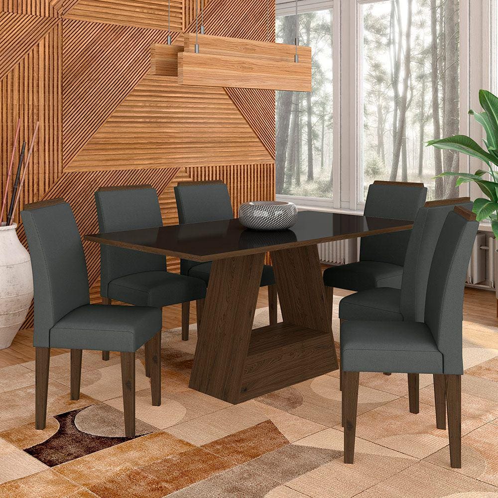 Mesa Com 6 Cadeiras Pierre 1,60 Imbuia/preto/cinza - Móveis Arapongas