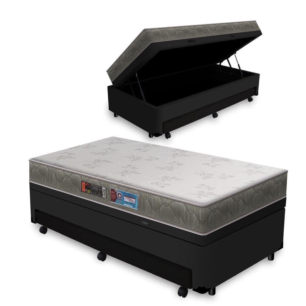 Cama Box Baú e Auxiliar Solteiro Preta + Colchão De Espuma D33 Solteiro Castor Sleep Max 88x188x60cm