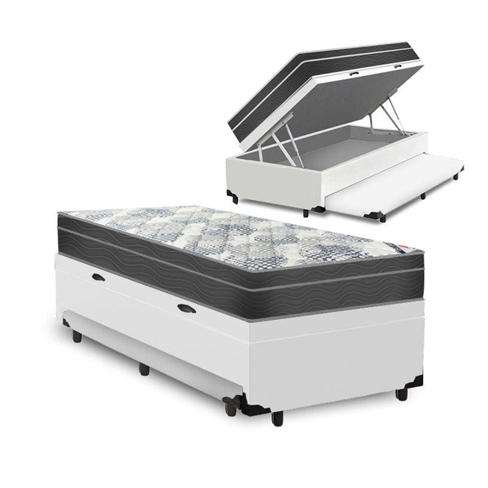 Cama Box Baú e Auxiliar Solteiro Branca + Colchão Molas Ensacadas Ortobom - ISO SuperPocket - 88cm