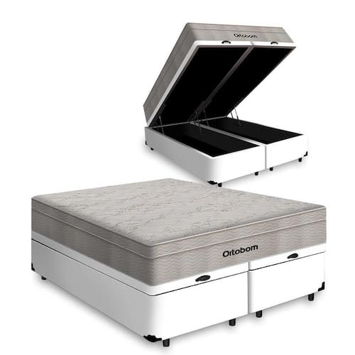 imagem-Cama Box Baú Queen Branca + Colchão De Molas Ensacadas - Ortobom - AirTech SpringPocket 158x198x72cm - Branco