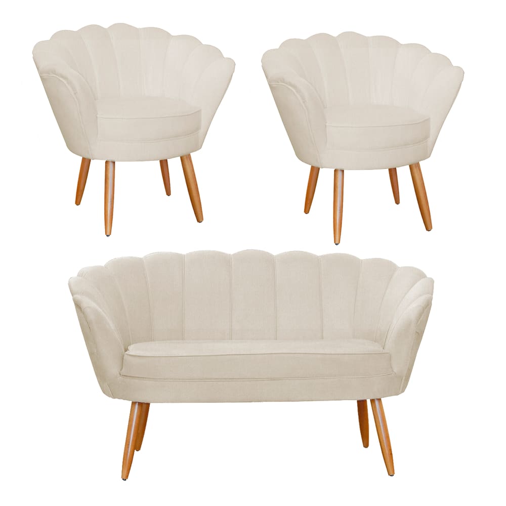 Combo Pétala Namoradeira e 2 Poltronas Decorativa Estofada Suede Bege - LM DECOR