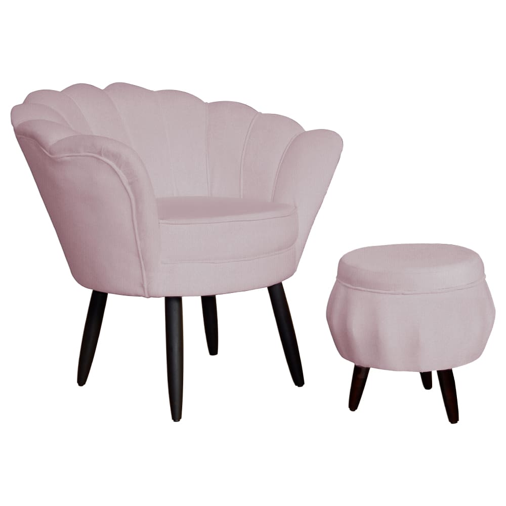 Conjunto Poltrona Estofada Com Puff Sala de Estar Pétala Suede Rose - LM DECOR