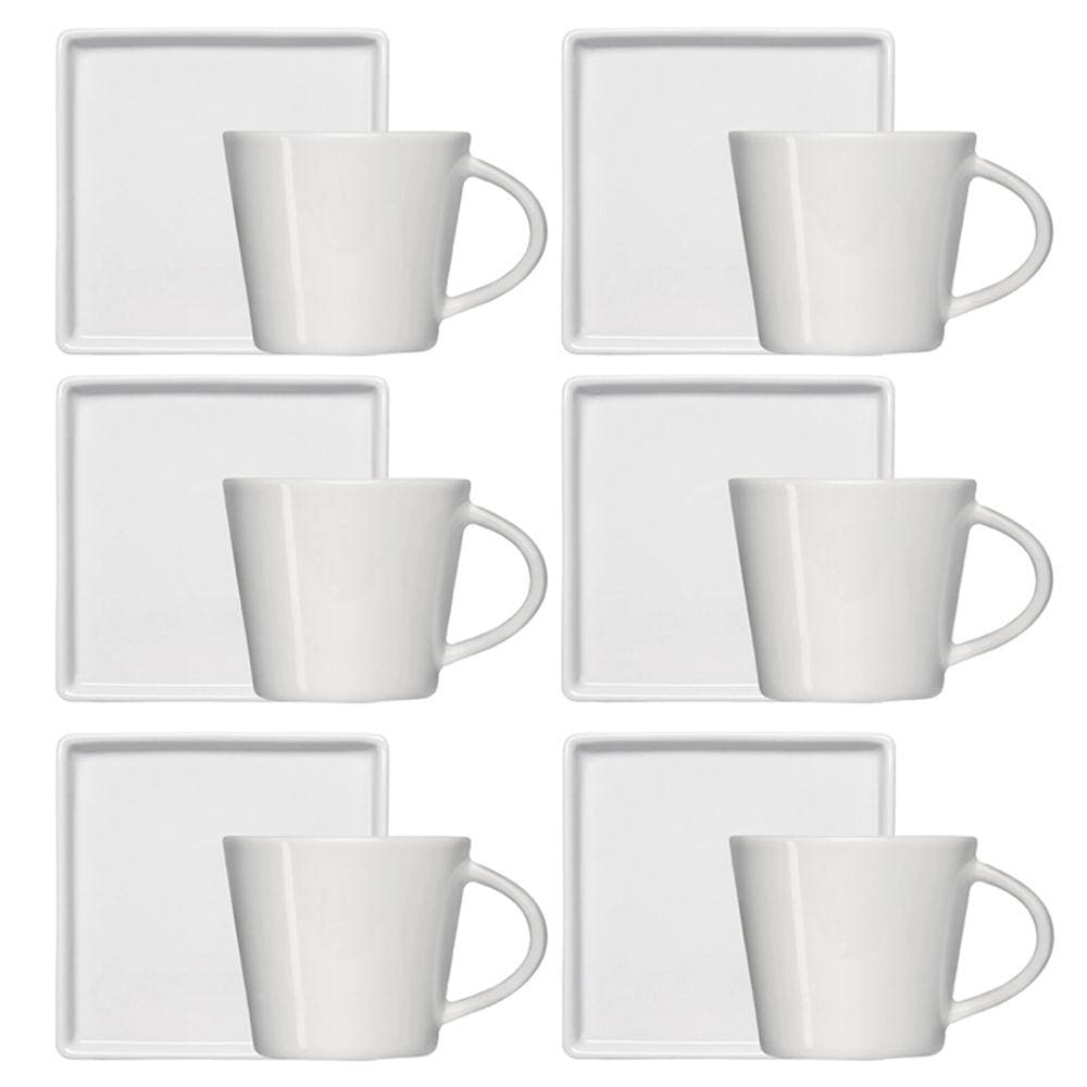 Jogo 6 Xícaras de Café 90ml em Porcelana com Píres Quadrado Branca Germer