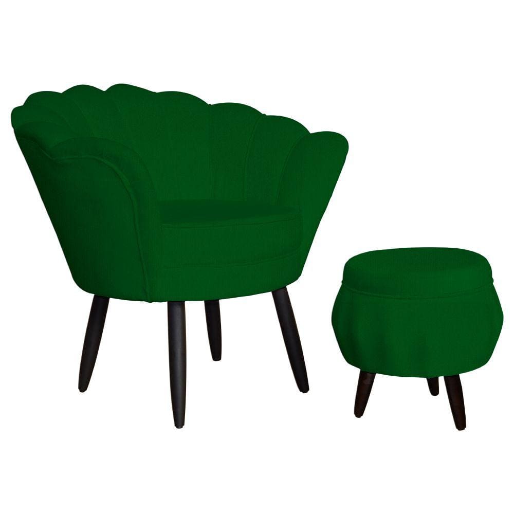Conjunto Poltrona Estofada Com Puff Sala de Estar Pétala Suede Verde - LM DECOR