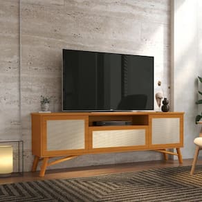 Rack Para Tv Até 75" 3 Portas Com Pés Em Madeira Maciça Rattan 178cm Cedro