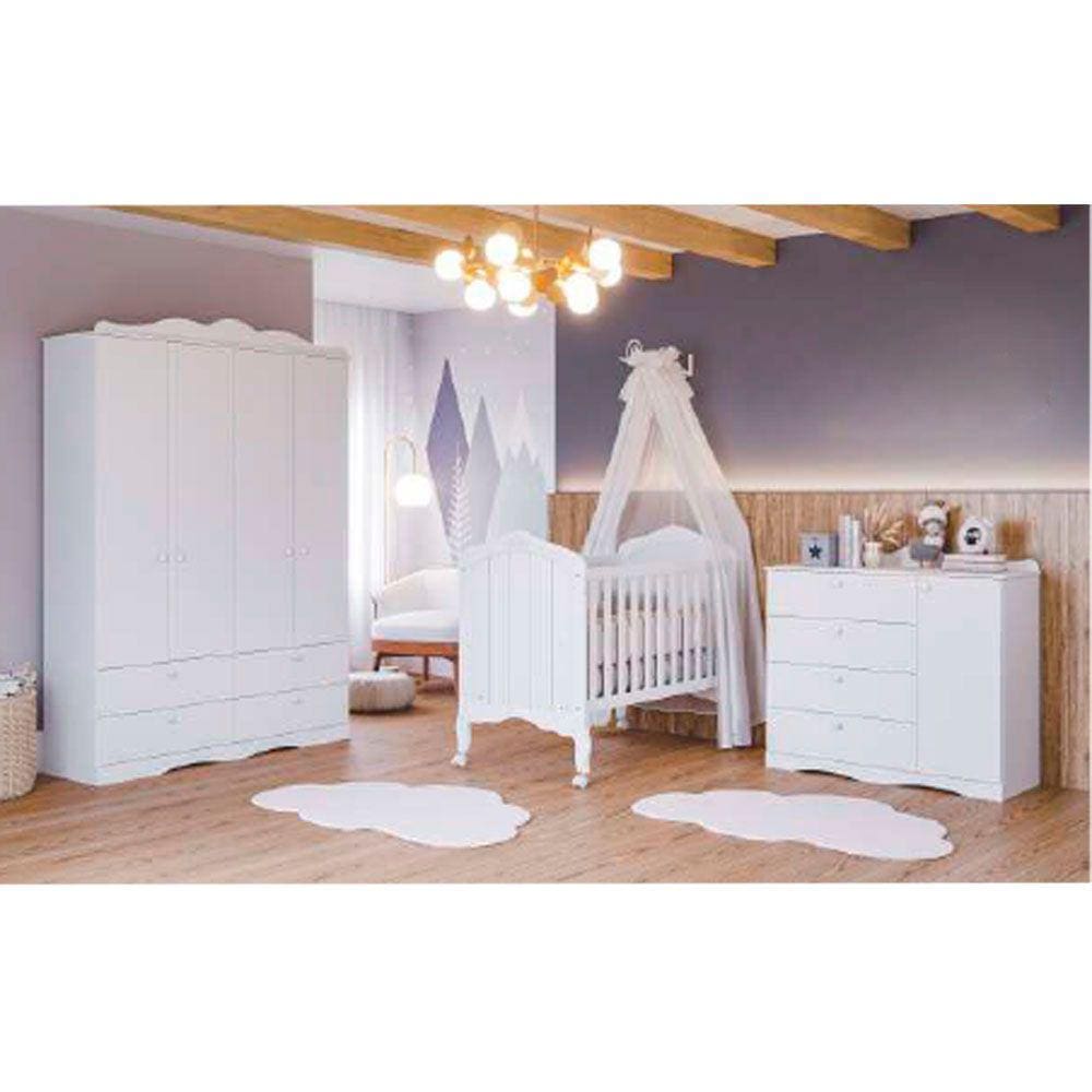 Quarto de Bebe Completo com Guarda Roupa Comoda e Berço 100% MDF Encanto Harmonia Branco Permóbili Baby