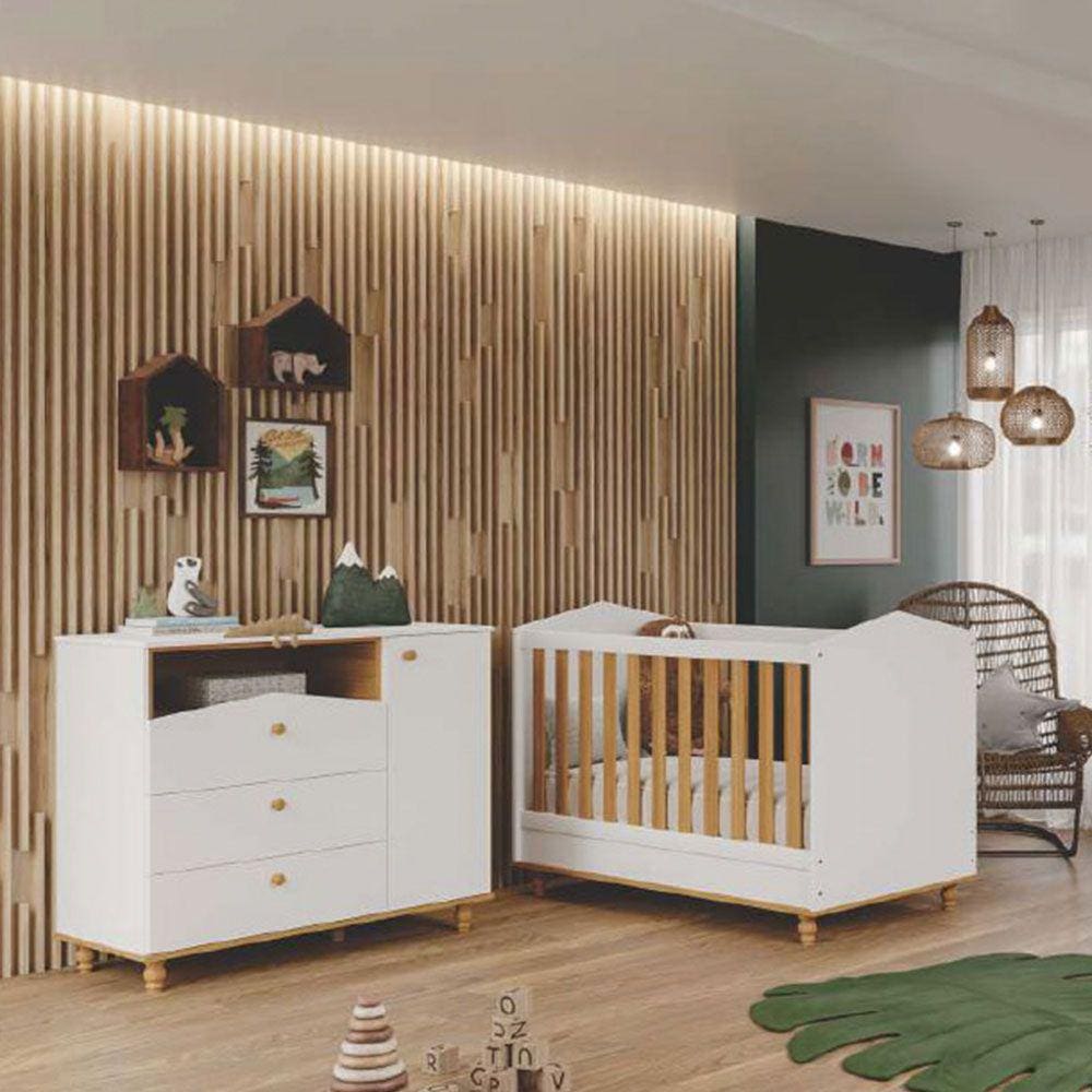Quarto de Bebê Completo com Cômoda e Berço 100% MDF Permóbili Baby Branco/Nature