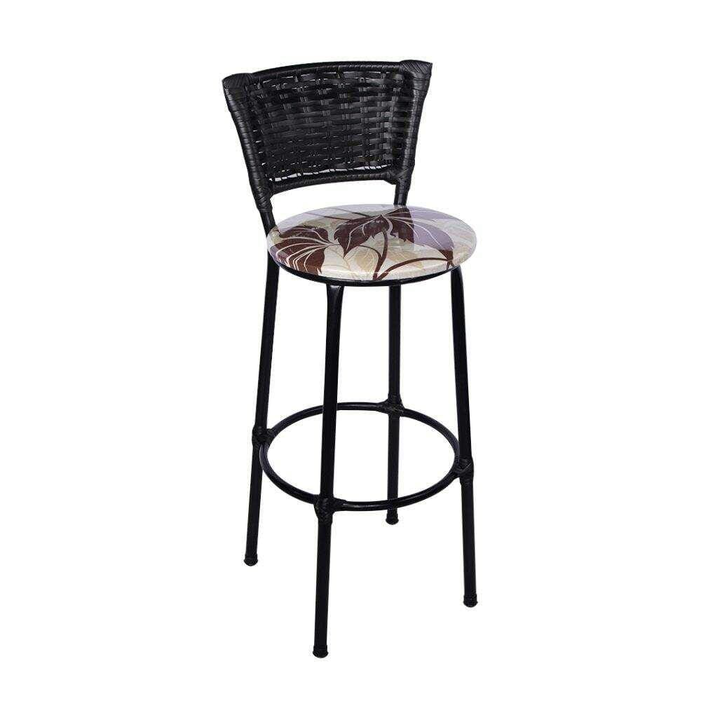 Jogo de 2 Banquetas Preta Junco Preto Assento Floral Marrom com Bistro Preto