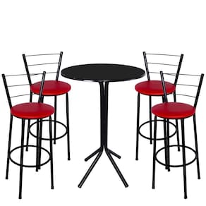 Jogo de 4 Banquetas Preta Assento Vermelho com Bistro Preto
