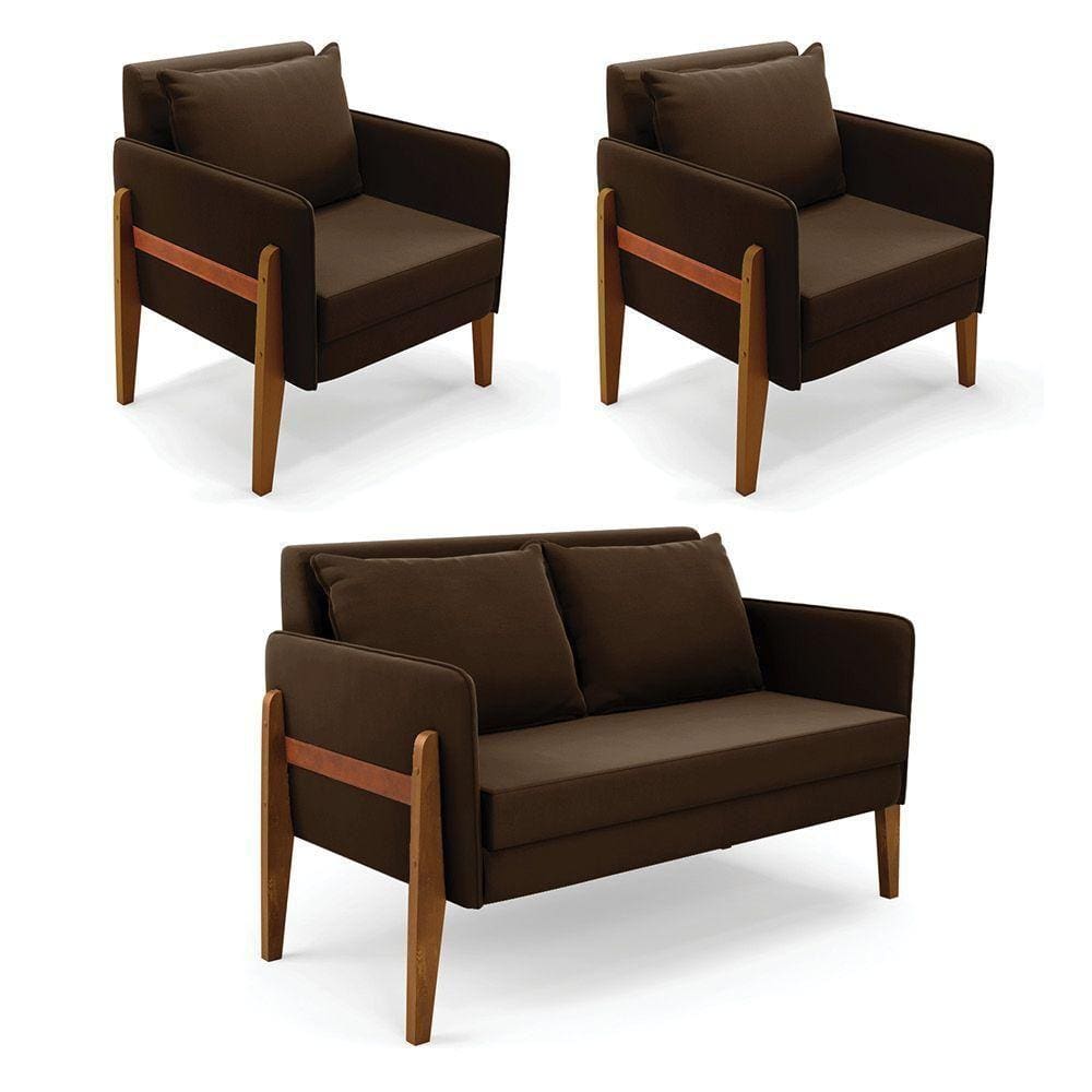 Kit 1 Sofá Namoradeira E 2 Poltronas Lana Suede Marrom Base De Madeira - D`rossi
