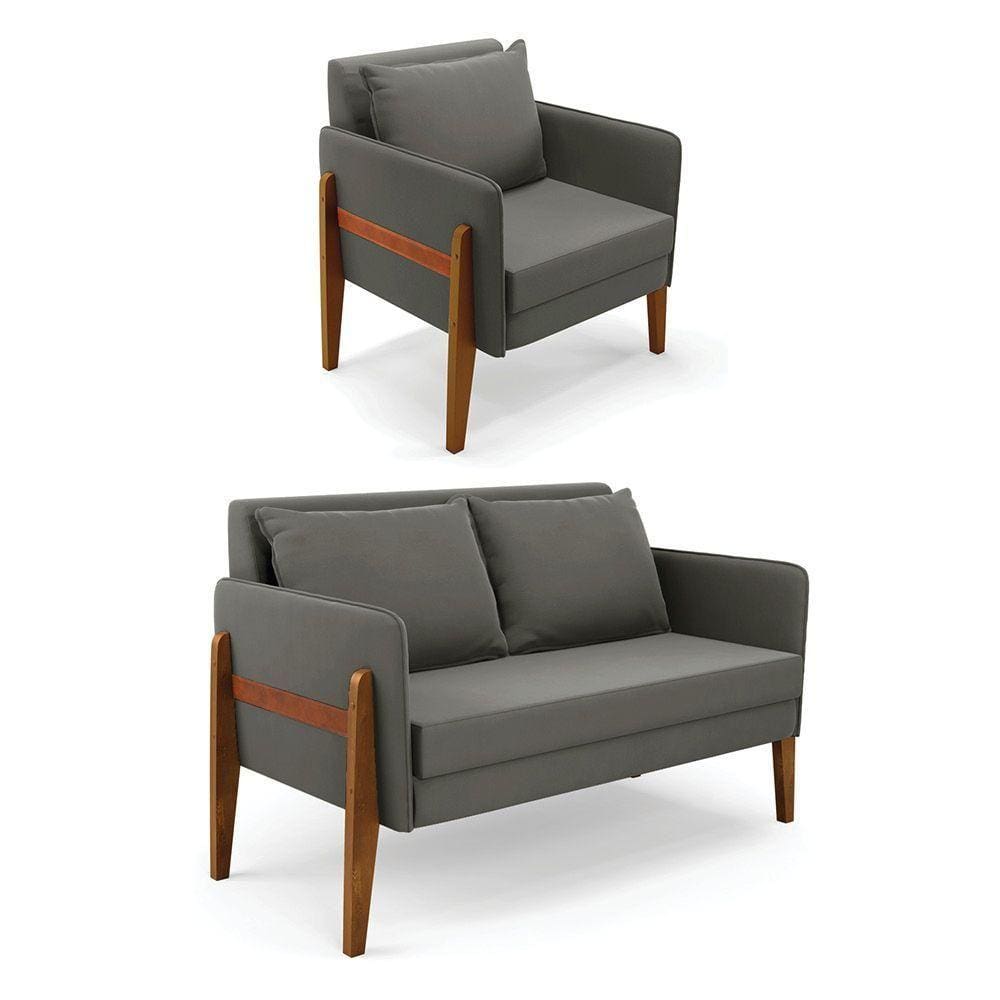 Kit 1 Sofá Namoradeira E 1 Poltrona Lana Suede Base De Madeira - D`rossi Cor Grafite