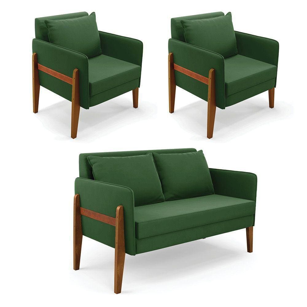Kit 1 Sofá Namoradeira E 2 Poltronas Lana Suede Verde Base De Madeira - D`rossi