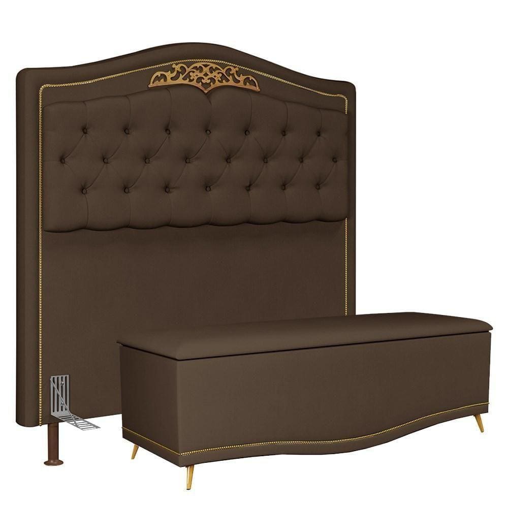 Cabeceira Cama Box Casal 140Cm Com Calçadeira Baú Imperial Veludo J02 Chocolate