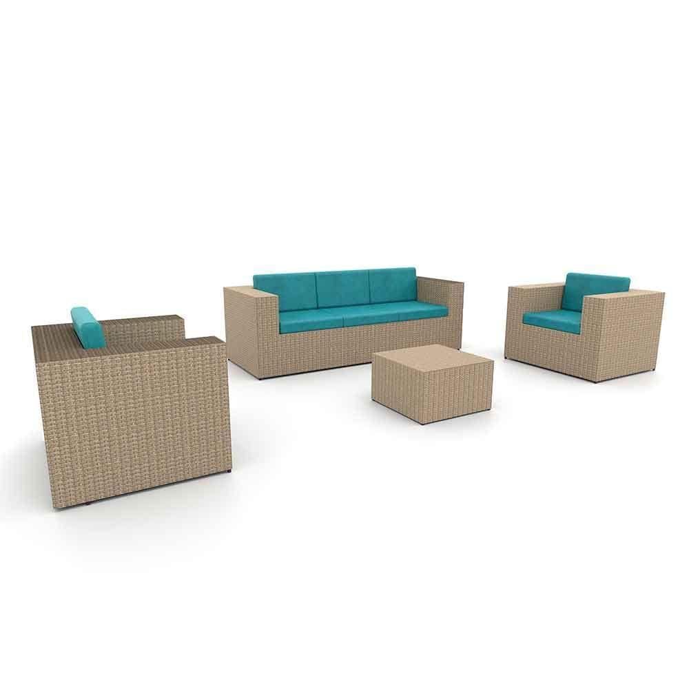 Conjunto De Sofá Fibra Sintética Taipa Quadrado-1 Sofá 3L+2 Poltronas+1 Mesa Centro- Duna Turquesa