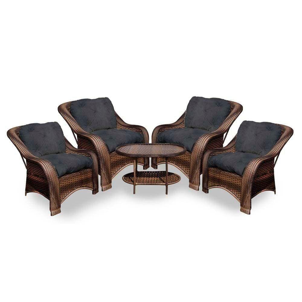 Conjunto De Poltronas Fibra Sintética Melo - 4 Poltronas + 1 Mesa Centro - Tecido Duna Preto