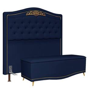 Cabeceira Cama Box Casal Queen 160Cm Com Calçadeira Baú Imperial Veludo J02 Azul