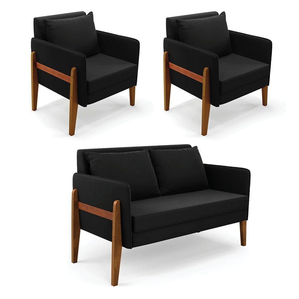 Kit 1 Sofá Namoradeira E 2 Poltronas Lana Suede Preto Base De Madeira - D`rossi