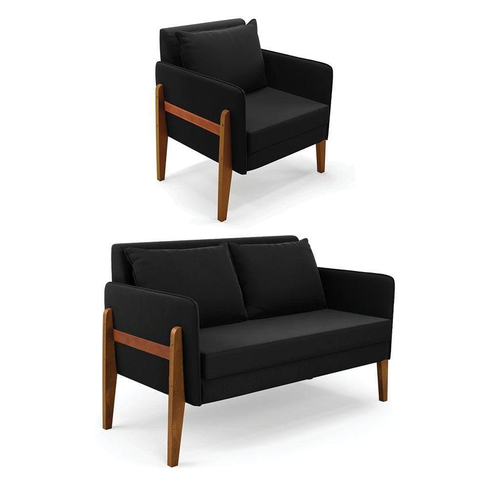 Kit 1 Sofá Namoradeira E 1 Poltrona Lana Suede Base De Madeira - D`rossi Cor Preto