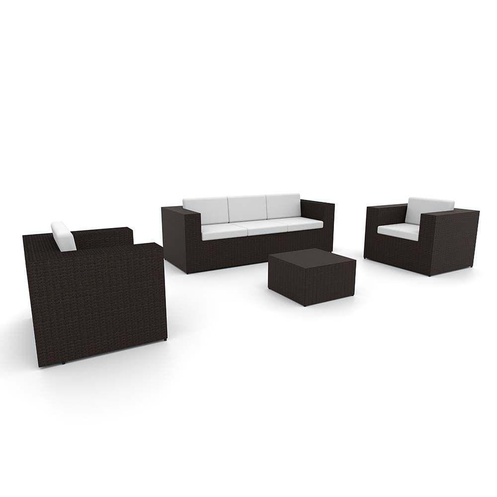 Conjunto De Sofá Fibra Sintética Tabaco Quadrado-1 Sofá 3L+2 Poltronas+1 Mesa Centro- Duna Cru
