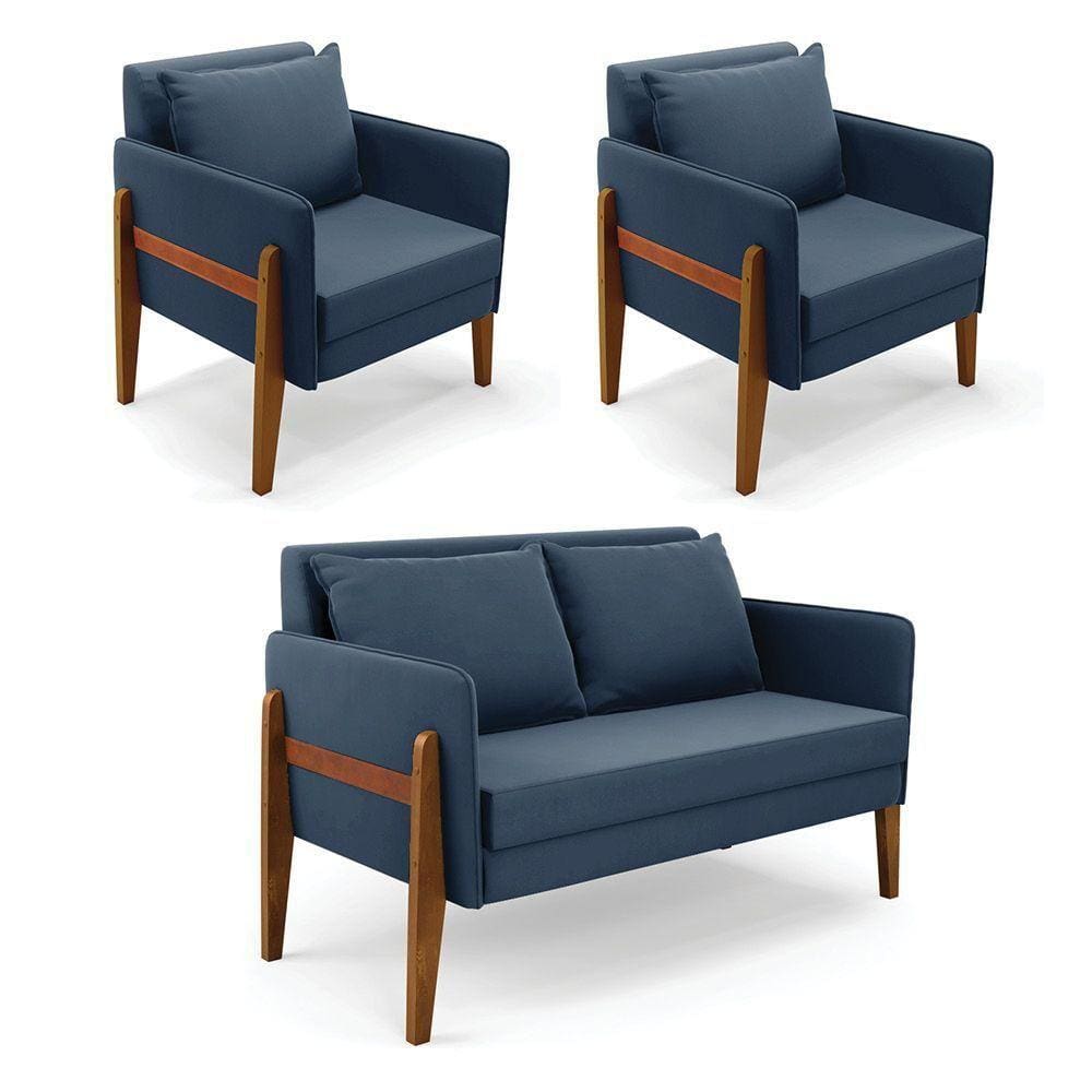 Kit 1 Sofá Namoradeira E 2 Poltronas Lana Suede Azul Marinho Base De Madeira - D`rossi