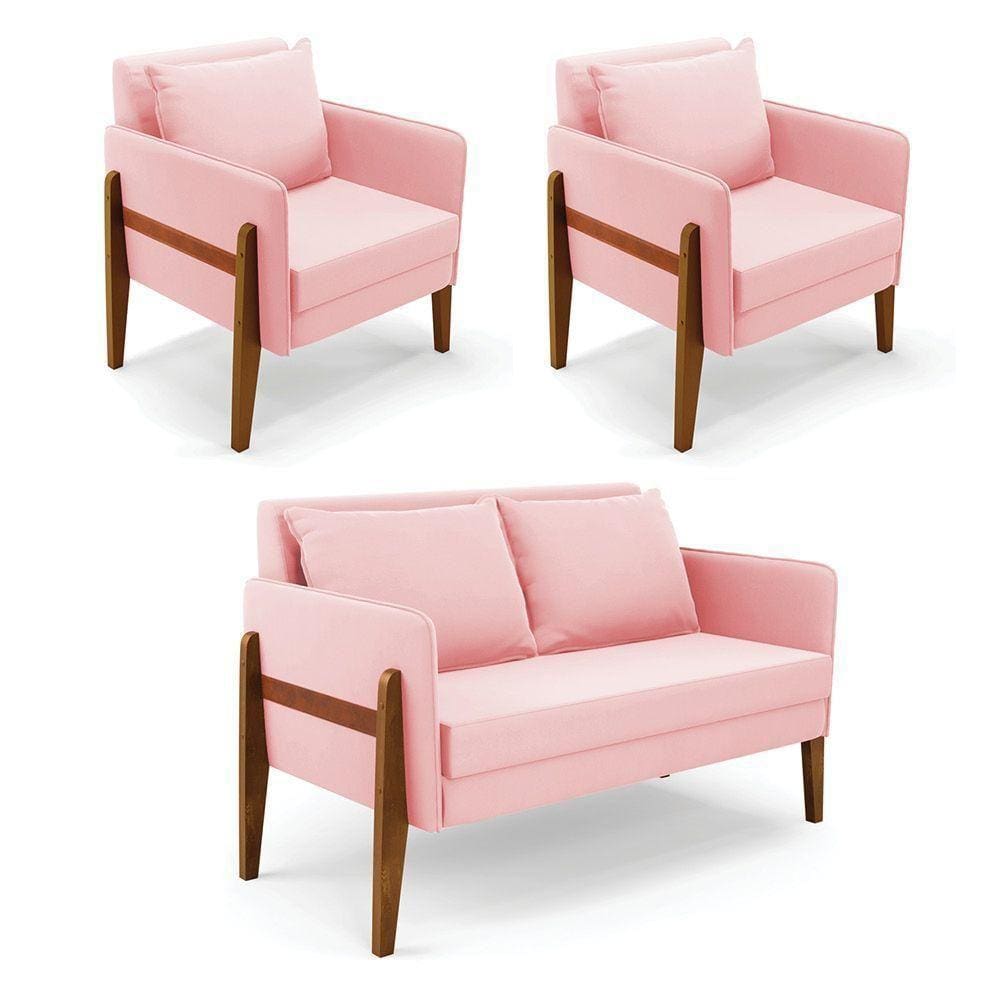Kit 1 Sofá Namoradeira E 2 Poltronas Lana Suede Rosa Bebê Base De Madeira - D`rossi