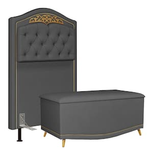 Cabeceira Cama Box Solteiro 90Cm Com Calçadeira Baú Imperial J02 Veludo Cinza