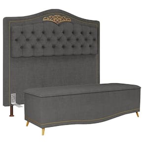 Cabeceira Cama Box Casal Queen 160Cm Com Calçadeira Baú Imperial J02 Linho Grafite