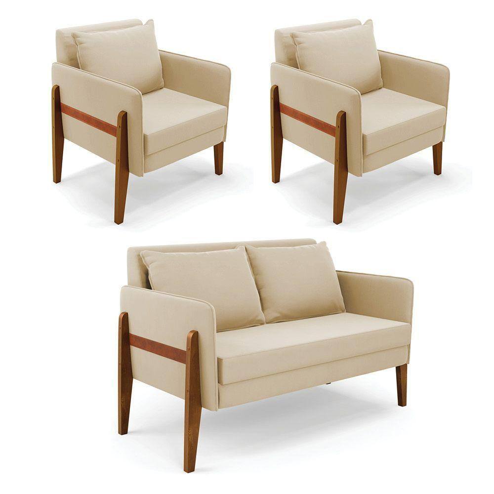 Kit 1 Sofá Namoradeira E 2 Poltronas Lana Suede Bege Base De Madeira - D`rossi