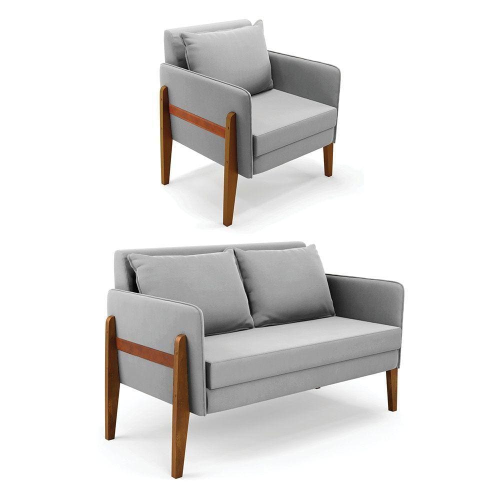 Kit 1 Sofá Namoradeira E 1 Poltrona Lana Suede Cinza Base De Madeira - D`rossi