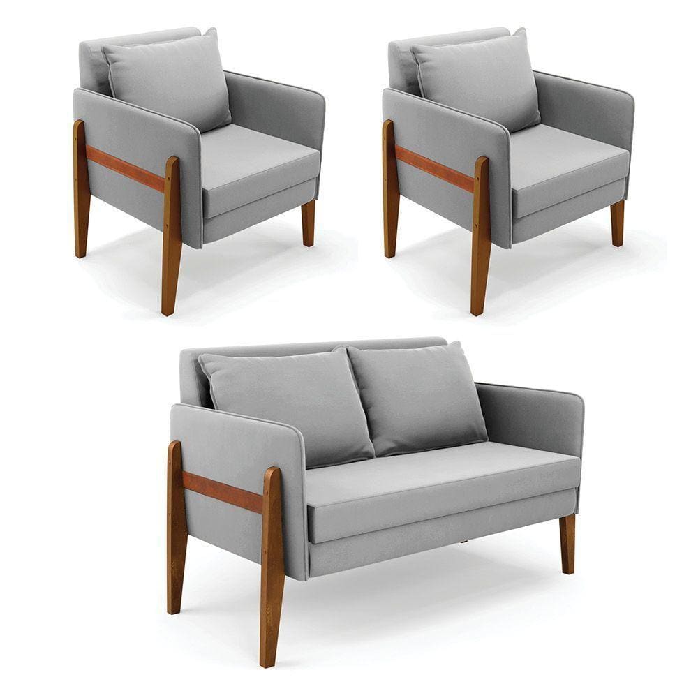 Kit 1 Sofá Namoradeira E 2 Poltronas Lana Suede Base De Madeira - D`rossi Cor Cinza