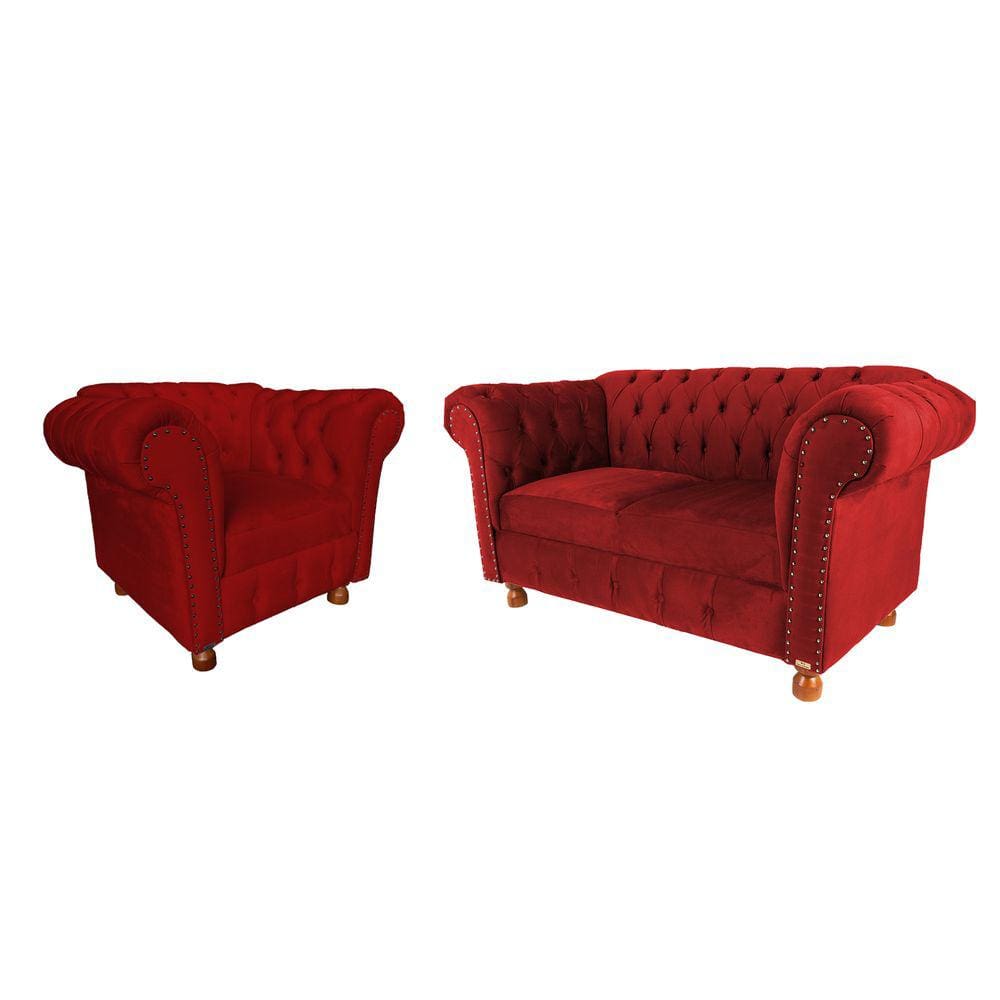 Conjunto Sofa Namoradeira Chesterfield Capitone Luis XV Suede Vermelho / decoracao, sala tv estar, recepcao